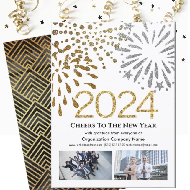 Business 2025 Festive Fireworks Modern Black Gold Holiday Card (Creator Uploaded)