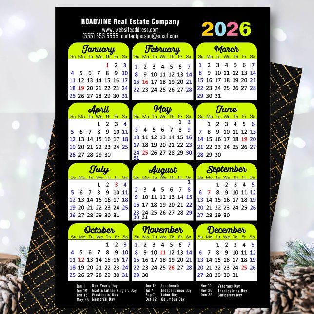 Business 2026 Calendar Black Green Minimalist Holiday Card (Creator Uploaded)