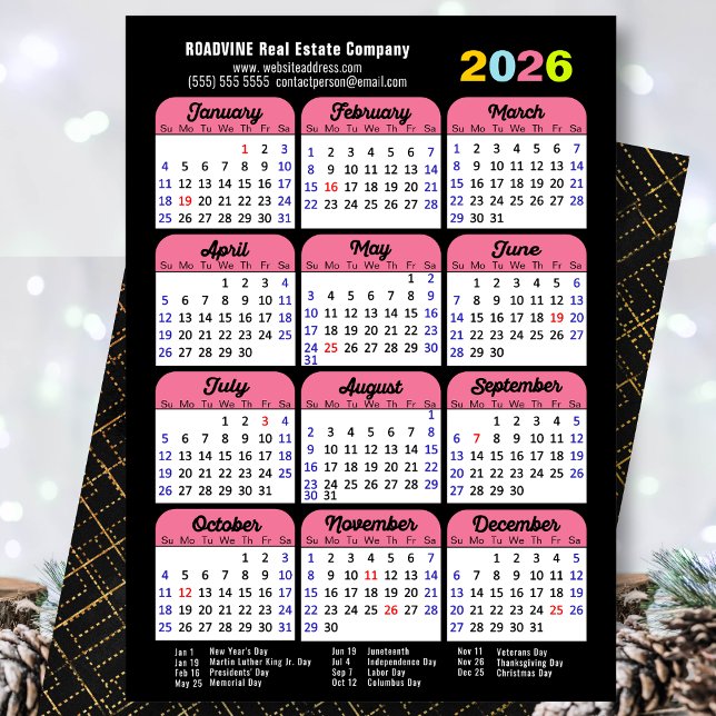 Business 2026 Calendar Black Pink Minimalist Holiday Card (Creator Uploaded)