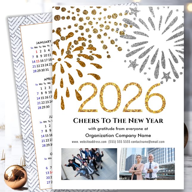 Business 2026 Calendar Festive Fireworks Gold Holiday Card (Creator Uploaded)