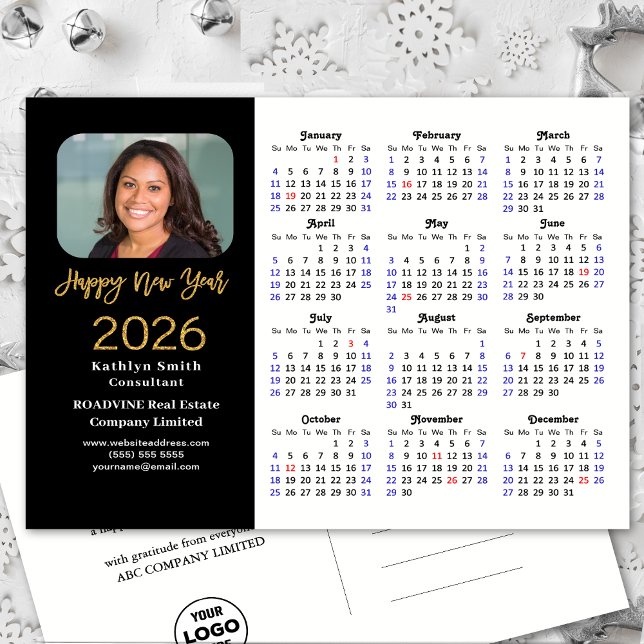 Business 2026 Calendar Modern Black Gold Glitter Holiday Postcard (Creator Uploaded)