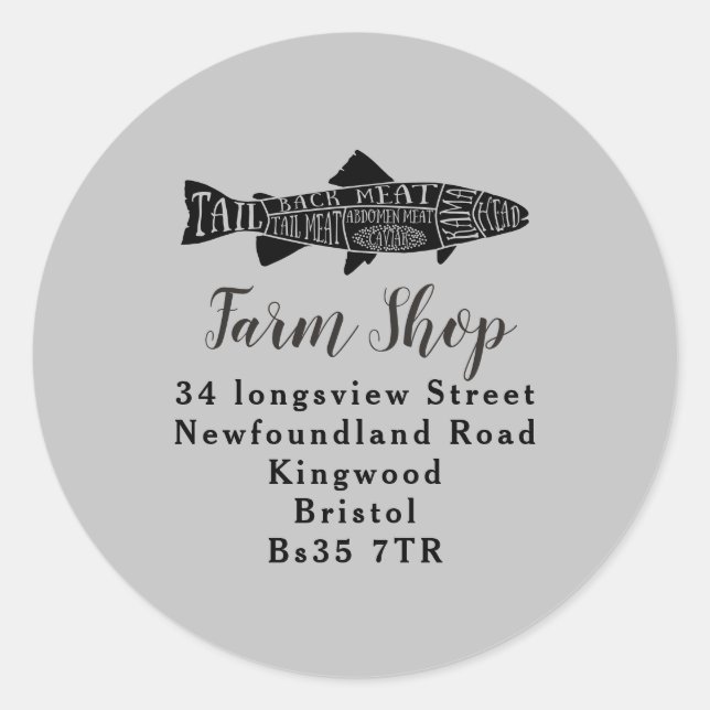 business address fish farmer retail shop trader classic round sticker (Front)