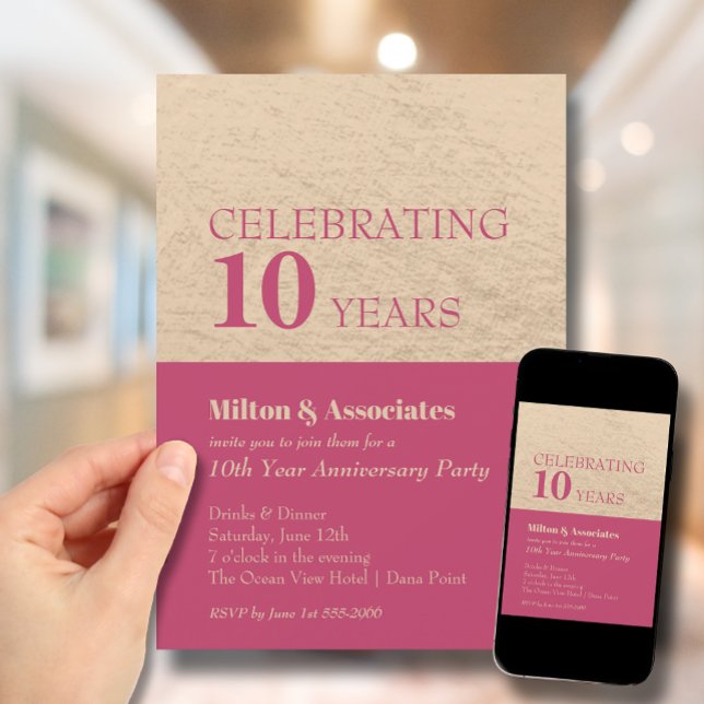 Business Anniversary Celebration Hot Pink & Gold Invitation (Change to ANY YEAR. Order printed and instant download (great to email as a reminder.))