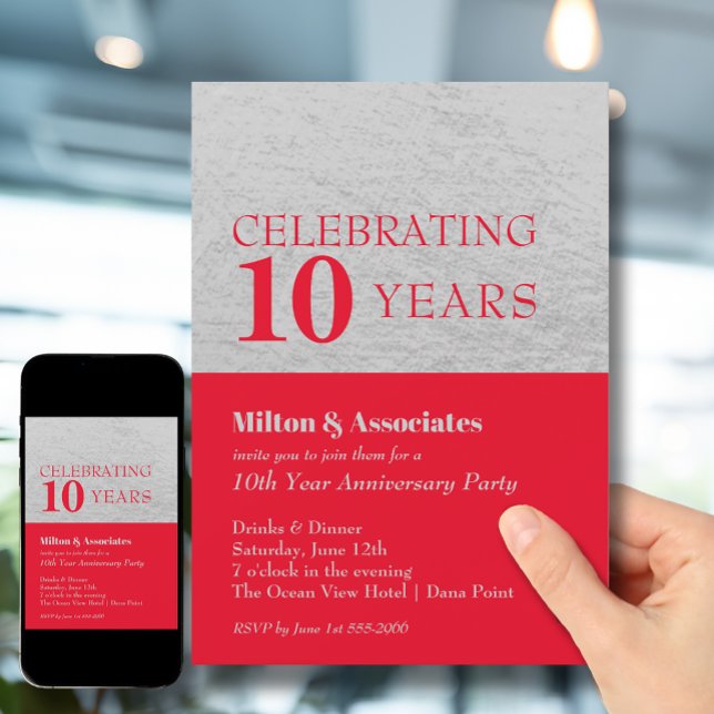 Business Anniversary Celebration Red Silver Invitation (Change to ANY YEAR. Order printed and instant download (great to email as a reminder.))
