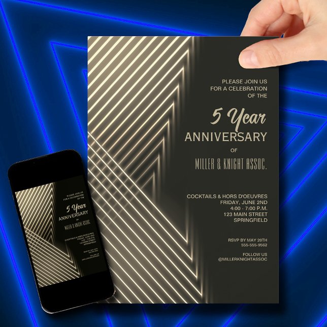 Business Anniversary Gold Neon Lights Invitation (Creator Uploaded)