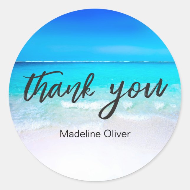 Business  Beach Thank You Custom Blue Classic Round Sticker (Front)