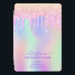 Business beauty salon pink glitter iridescent iPad pro cover<br><div class="desc">A trendy iridescent background with unicorn and rainbow pastel colours in pink, purple, rose gold, mint green. Decorated with faux glitter drips in rose gold, pink and purple. An ipad cover for makeup artists, hair designers, hair and beauty salons. Purple coloured letters. Personalise and add your name and contact information....</div>