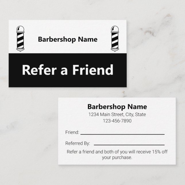 Business Black and White Barbershop Refer a Friend Referral Card (Front/Back)