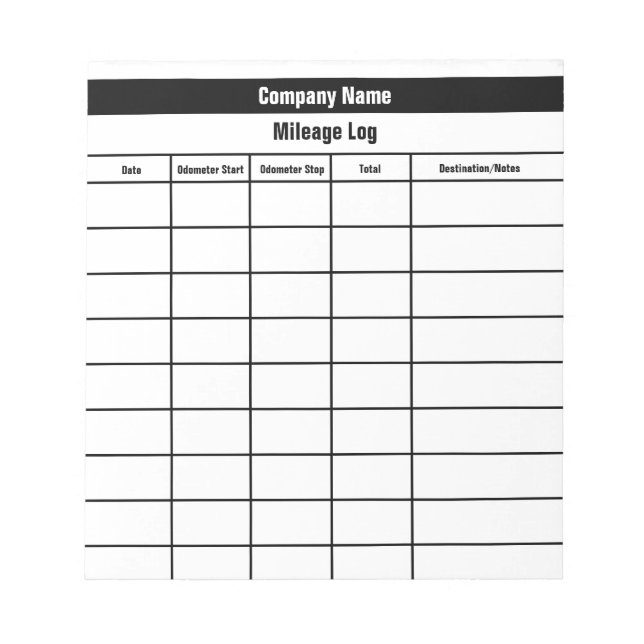 Business Black and White Company Name Mileage Log Notepad (Front)