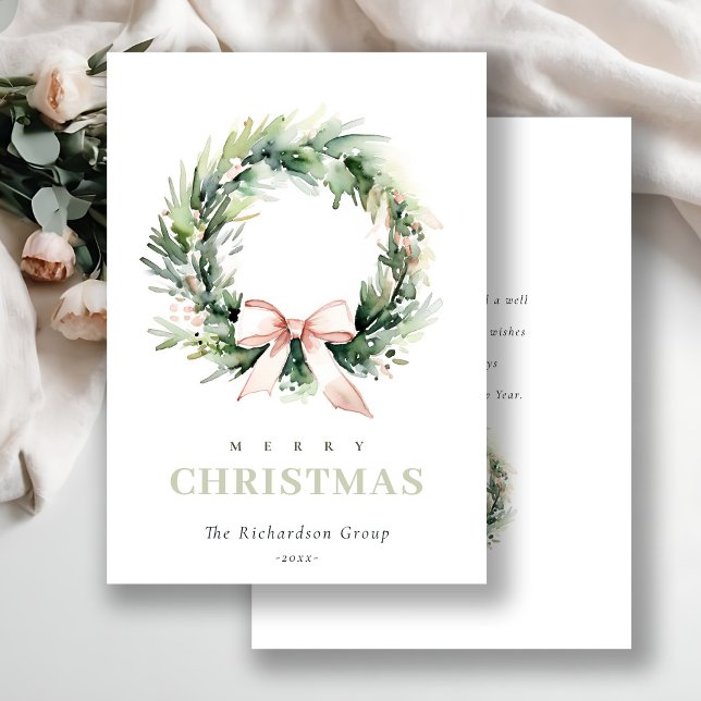 Business Blush Christmas Wreath Corporate Logo  Holiday Card (Creator Uploaded)