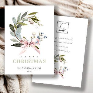 Business Blush Green Winter Wreath Corporate Logo Holiday Card