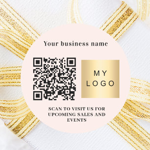 Business blush pink logo qr code classic round sticker