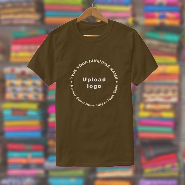 Business Brand in Round Pattern Text on Brown T-Shirt (Brown t-shirt with round pattern text business branding displayed in a store)