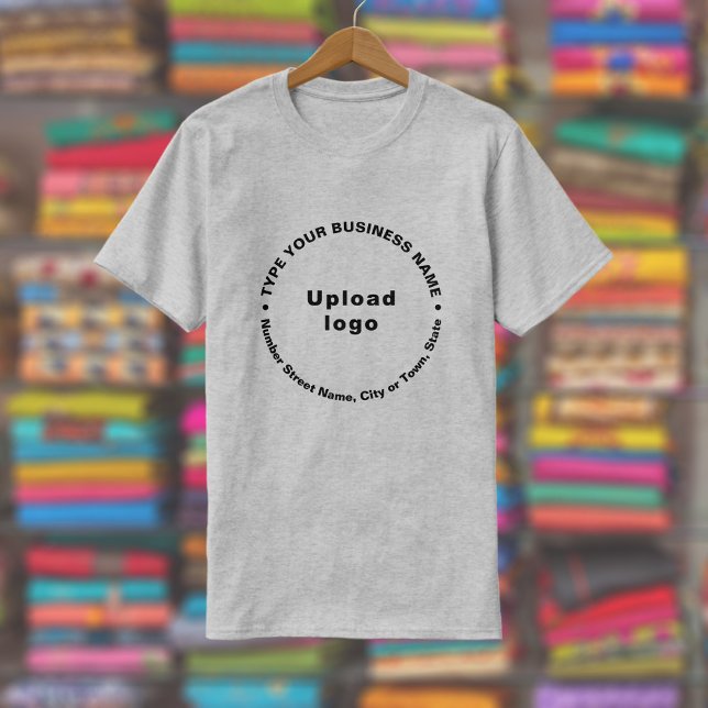 Business Brand in Round Pattern Text on Grey T-Shirt (Gray t-shirt with round pattern text business branding displayed in a store)