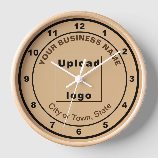 Business Brand on Round Light Brown Wooden Frame Clock (Front)