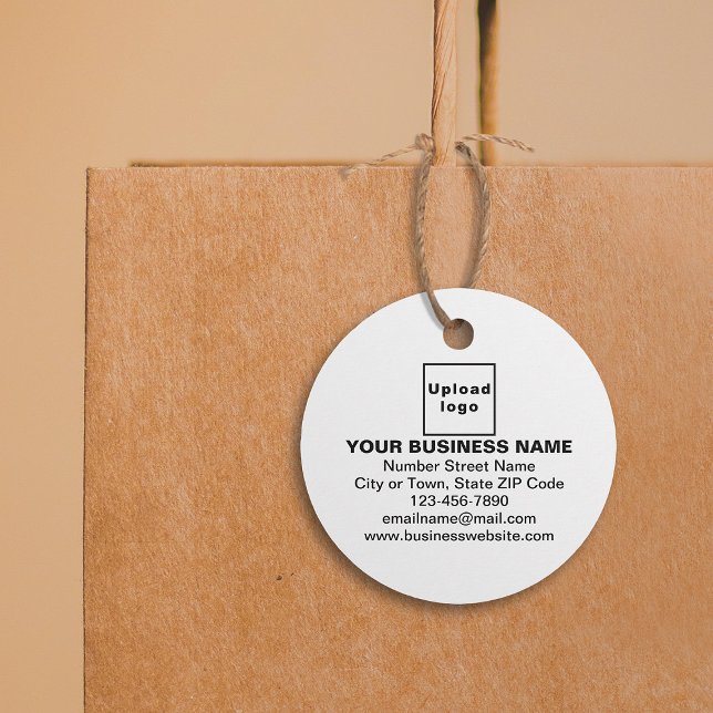 Business Brand on White Circle Tag (White round shape tag with your business brand attached on shopping bag.)