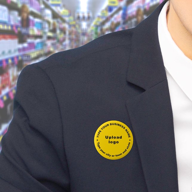 Business Brand Yellow Round Button (Build brand name awareness. Circular business brand texts on yellow button.)
