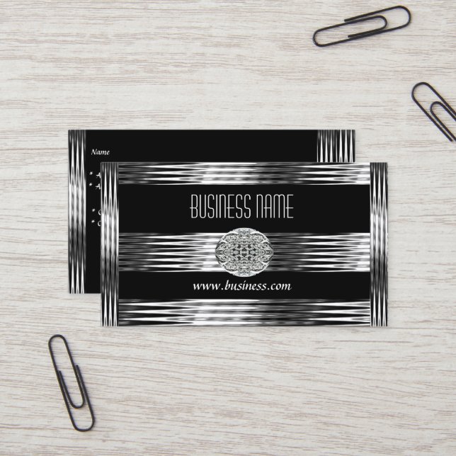 Business Card Art Deco Black Silver Chrome (Front/Back In Situ)
