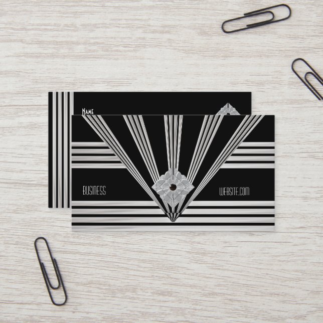 Business Card Art Deco Black Stripe Silver Jewel (Front/Back In Situ)