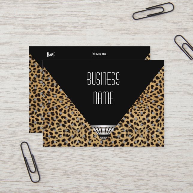 Business Card Art Deco Black White Leopard Skin (Front/Back In Situ)