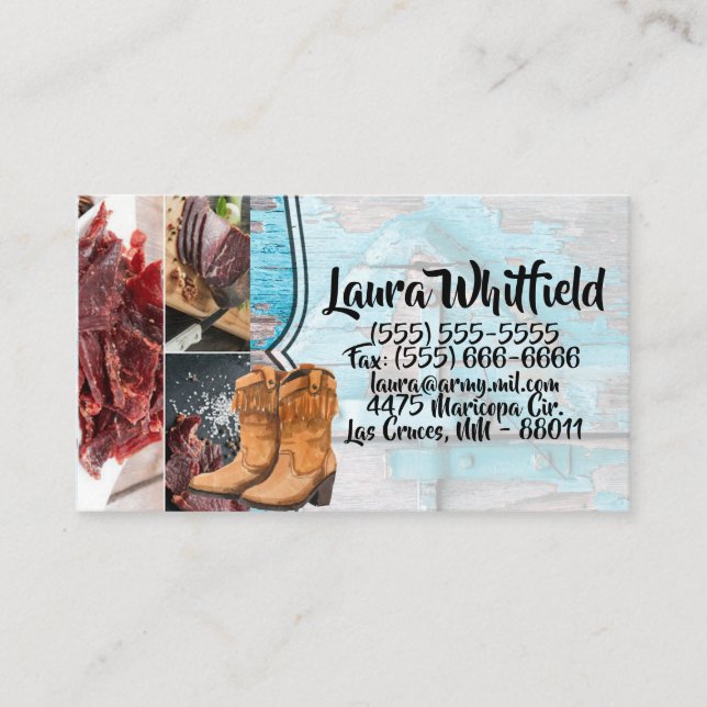 Business Card Blue Wood Barn Door Boots Country Ru (Front)