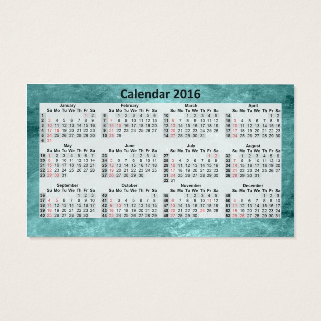 Business Card Calendar 2016 Blue Marbeled. (Back)