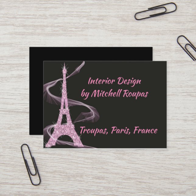 Business Card Eiffel Tower in Pink Faux Diamonds (Front/Back In Situ)