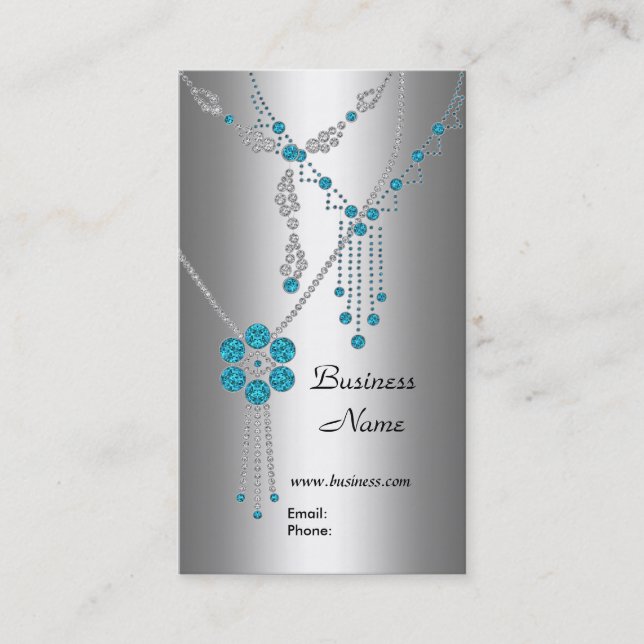 Business Card Elegant Blue Jewels on Silver (Front)
