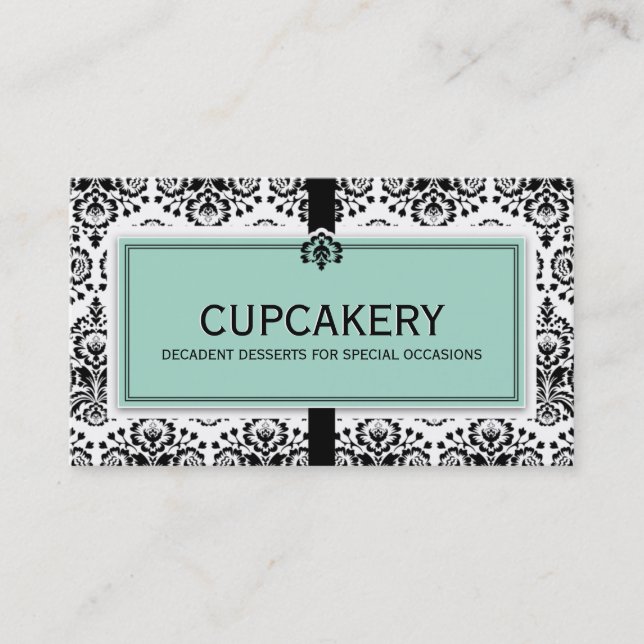 BUSINESS CARD elegant damask black mint green (Front)