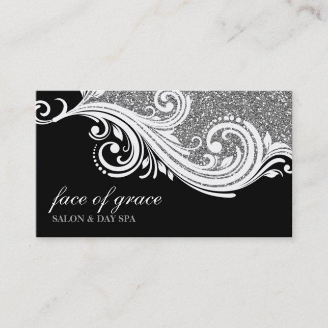 BUSINESS CARD elegant swirl silver glitter black (Front)