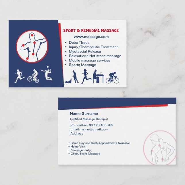 business card for SPORT & REMEDIAL MASSAGE (Front/Back)