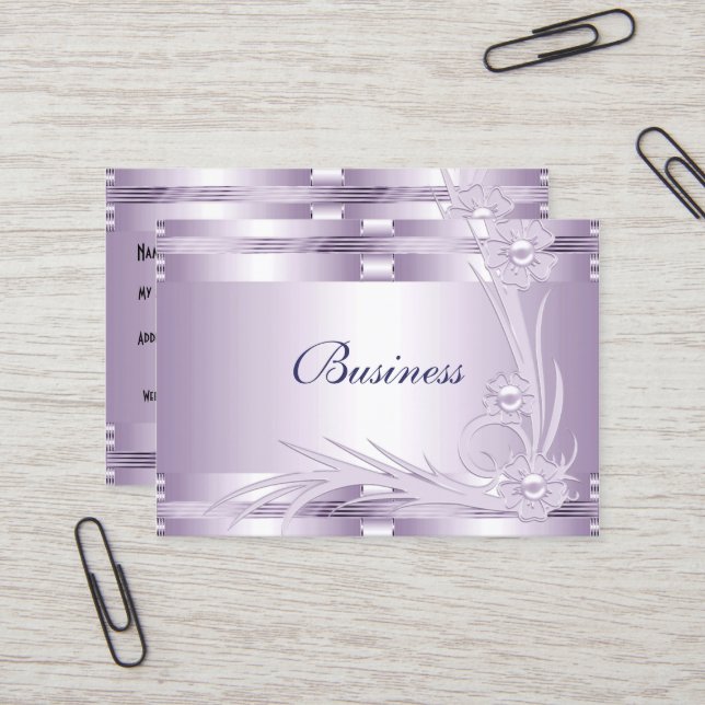 Business Card Lilac Mauve Art Deco Floral (Front/Back In Situ)