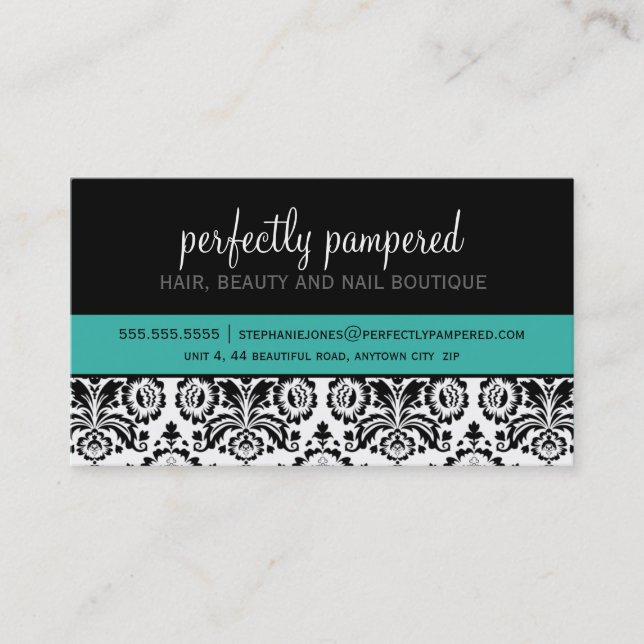 BUSINESS CARD modern damask black jade green (Front)