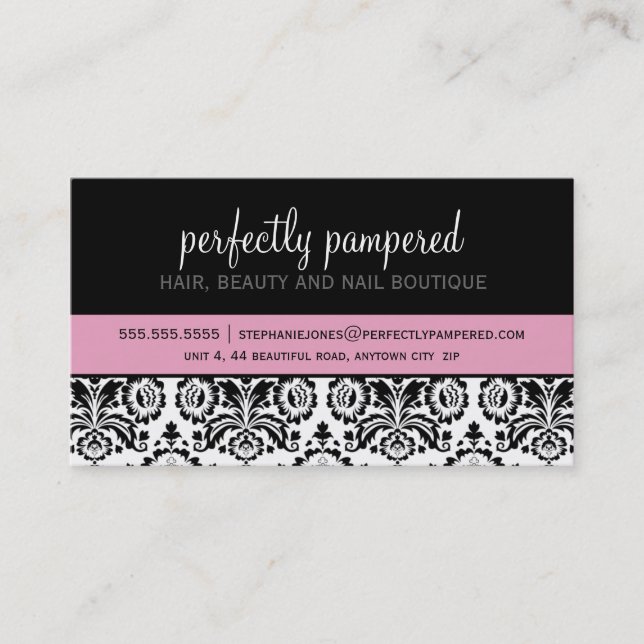 BUSINESS CARD modern damask black pale pink (Front)