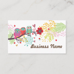 business card - owl, three owl, floral backgraound
