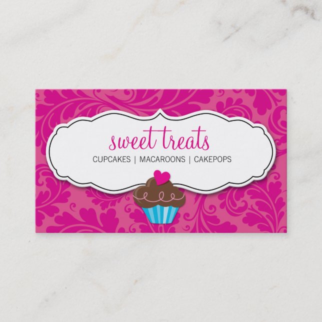 BUSINESS CARD pretty flourish cupcake hot pink (Front)