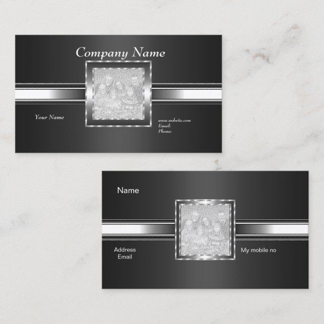 Business Card Silver on Grey Black Add Logo Photo (Front/Back)