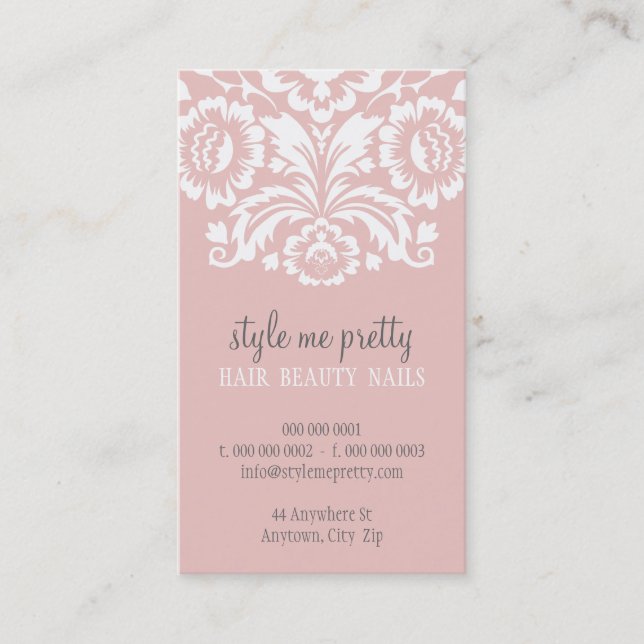 BUSINESS CARD stylish elegant damask pink grey (Front)