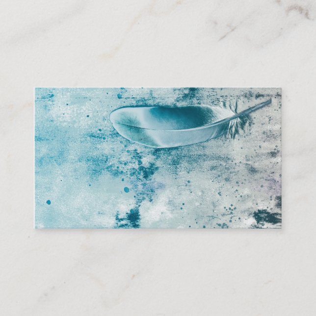 business card template blue feather photo art (Front)