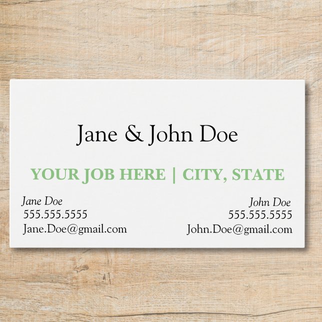 Business card with spot for two names (business card with slot for two names professional black and white with green text, two contacts)