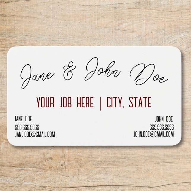 Business card with spot for two names (business card with slot for two names curved script black and white with maroon text, two contacts)