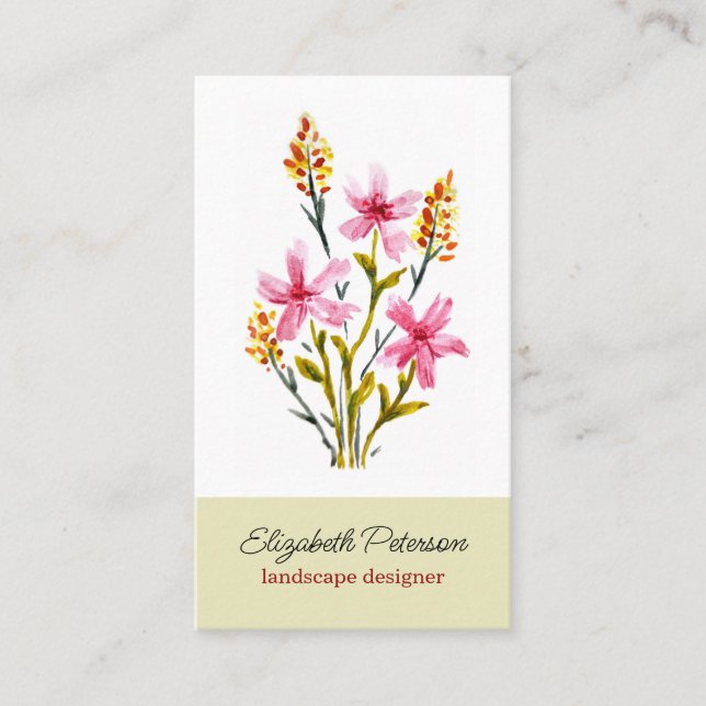 Business card with watercolor flowers pattern. (Front)