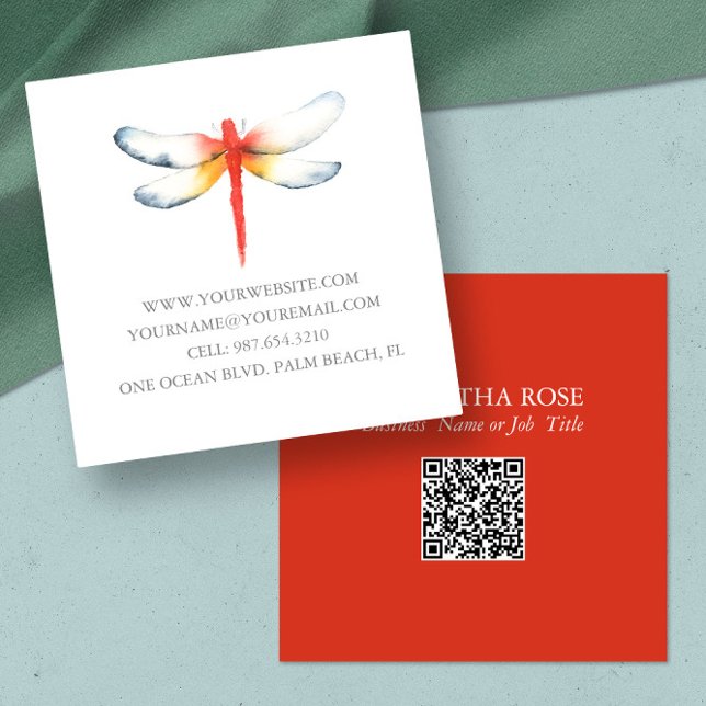 Business Cards Template Watercolor Red Dragonfly (Red dragonfly business cards feature unique watercolor art by Victoria Grigaliunas, Do Tell A Belle)