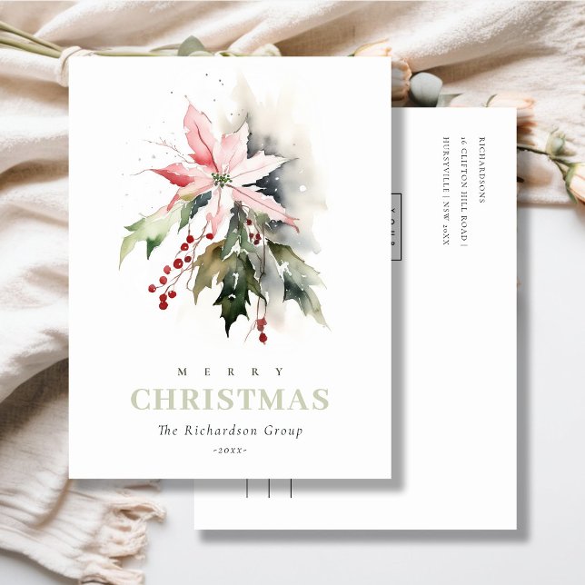 Business Christmas Berry Poinsettia Corporate Logo Holiday Postcard (Creator Uploaded)
