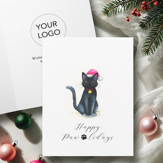 Business Christmas Cards With Logo Black Cat (Business Christmas cards with logo watercolor black cat with Santa hat by Victoria Grigaliunas)