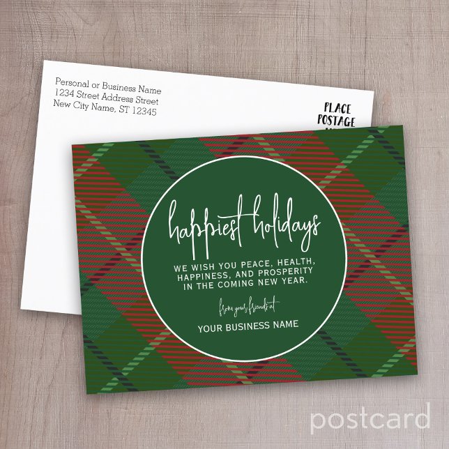 Business Christmas Circle green plaid - Happiest Holiday Postcard (Business Holiday Postcard)