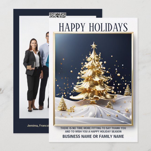 Business christmas gold white luxury tree photo qr holiday card (Front/Back)