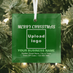Business Christmas Green Square Glass Ornament