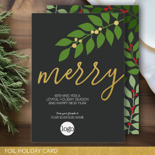 Business Christmas Greeting - Charcoal Merry Gold Foil Holiday Card