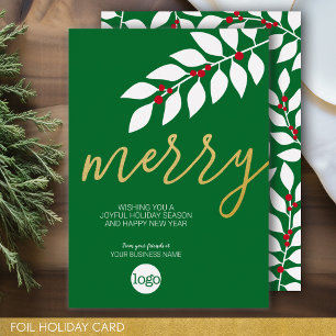 Business Christmas Greeting - Green Red Merry Gold Foil Holiday Card